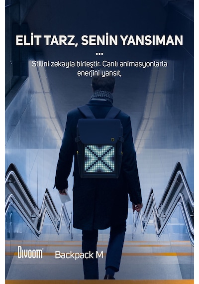 Divoom Pixoo Backpack M Siyah LED Ekranlı APP Kontrollü Su Geçirmez Laptop Sırt Çantası-15-15.6" Siyah