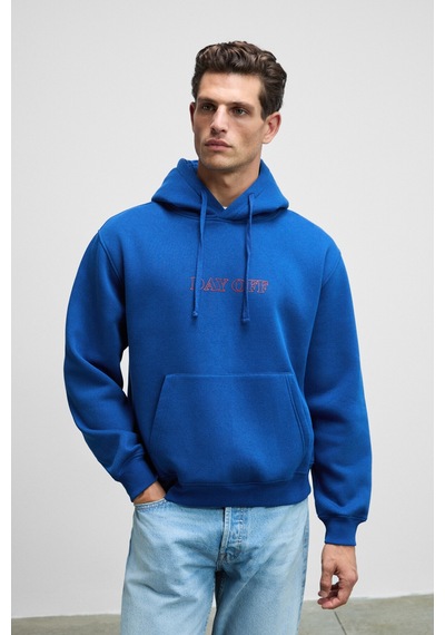 Grimelange BLAISE Erkek Önü Ve Sırtı Baskılı Kapüşonlu Kordonlu Kanguru Cepli Regular Fit Mavi Sweatshirt