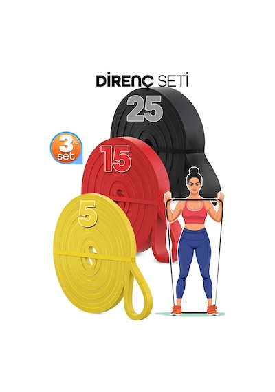 5 + 15 + 25 Kg 3'lü Set Barfiks Lastiği Gym Resistance Band Antrenman Kas Geliştirme Bandı