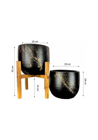 Bitki Tasarımı Siyah Üzeri Gold Mermer Efektli Toprak Saksı Saksılık Salon Çiçeklik İkili Set Ayaksız - 4 Ayaklı- 19 Cm