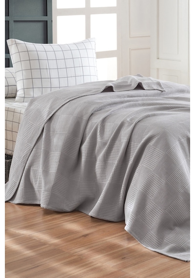 Eponj Home Lastikli Çarşaflı Pike Takımı Tek Kişilik %100 Pamuk 3 Parça Artus Desenli Gri Weave Serisi Gri