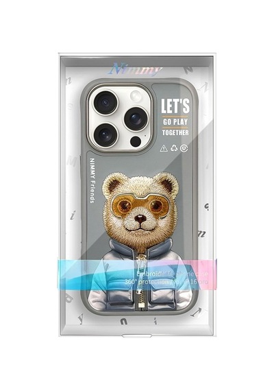 Apple iPhone 16 Pro Uyumlu 3d Gerçek Nakış İşlemeli Fermuarlı Mont Ve Gözlük Ayıcık Kılıf 2.0