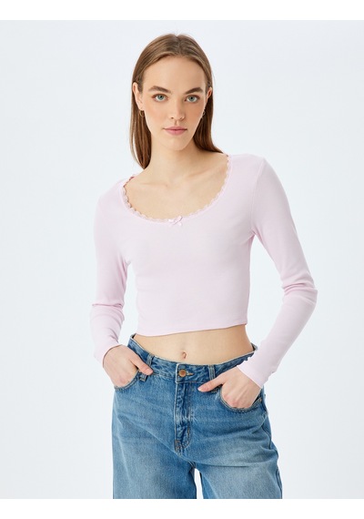 Koton Dantel Detaylı Uzun Kollu Slim Fit Crop Tişört Pembe 5sal10423ık Gül Koton Dantel Detaylı Uzun Kollu Slim Fit Crop Tişört Pembe 5sal10423ık Gül