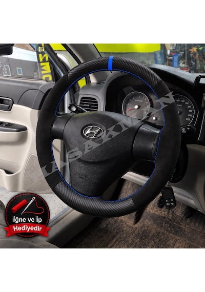 Hyundai Accent Era Dikme Direksiyon Kılıfı Alcantara Süet Mat Karbon Mavi Yüzük Ve Dikiş 2006-2012 Siyah