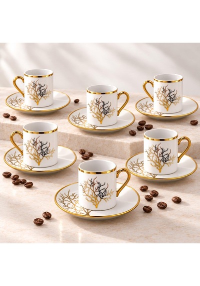 Valkyrie 12 Parça 6 Kişilik 80 Ml Türk Kahvesi Fincan Takımı Gold Detaylı Ağaç Desenli K654-a
