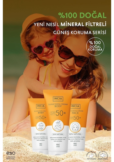INCIA %100 Doğal Bebek Güneş Kremi Leke Karşıtı Mineral Filtreli Yüksek Koruma SPF 50+ UVA UVB 50 ML