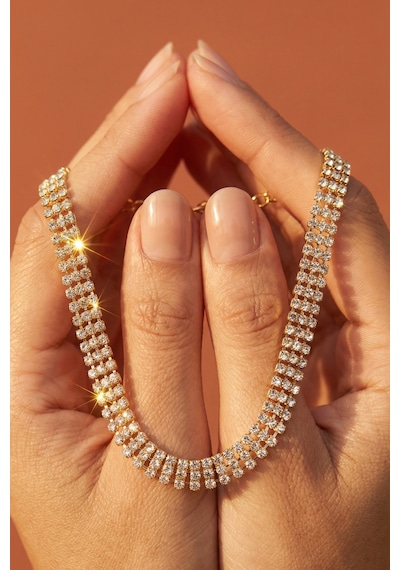 Valmont Accessories Kristal Taşlı 26+10 Cm Choker Işıltılı Şık Kadın 3 Sıra Su Yolu Altın Sarısı Tasma Kolye Gümüş