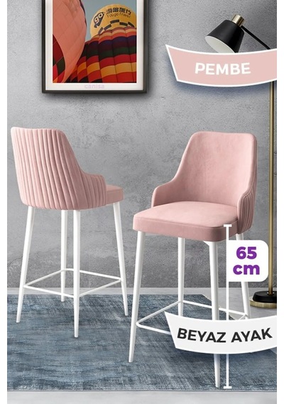Canisa Tera Serisi 6 Pembe Sandalye 65 Cm Ada Mutfak Bar Sandalyesi Babyface Kumaş Beyaz Metal Ayaklı Sandalye Pembe Ayakları Beyazz