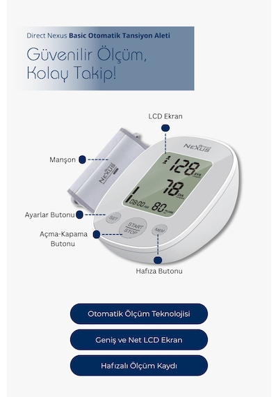 Direct Nexus Koldan Ölçer Basic Otomatik Tansiyon Aleti | 2 Kullanıcı, 180 Hafıza