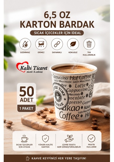 Karton Bardak 6,5 Oz Sızdırmaz Erimez Kokusuz Kullan At Bardak Kağıt Bardak 50