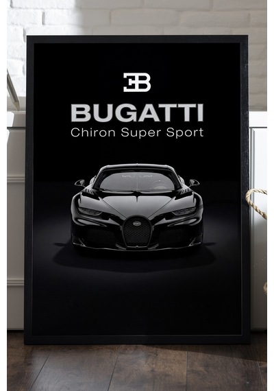 Bugatti Chiron Siyah Ahşap Çerçeveli Poster, Dekoratif Araba Duvar Tablosu