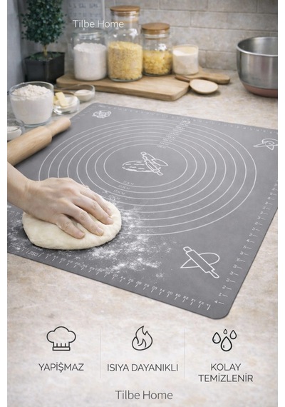 Tilbe Home Silikon Hamur Açma Yoğurma Matı Fırın Altlığı Ölçekli Mat Orta Boy Gri 50x40cm