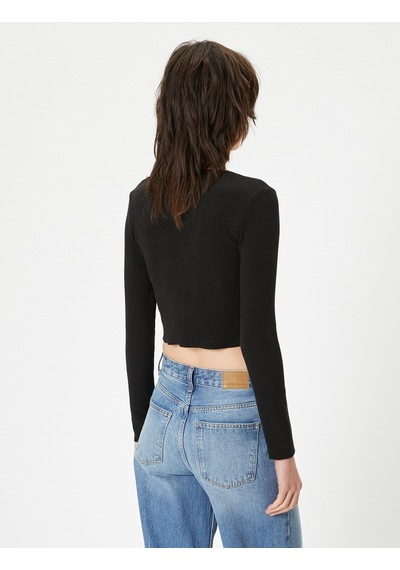 Koton Crop Hırka Bisiklet Yaka Metal Aksesuarlı Siyah 4sak80266ek Siyah