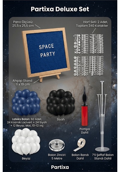 Uzay Temalı Doğum Günü Süsleme Deluxe Set Koyu Mavi Keçe Yazı Panosu Standlı Pompa Balon Zincirli 7 Li Şeffaf Balon Standlı 3 - 7