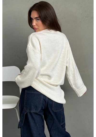 Madmext Ekru Bisiklet Yaka Oversize Uzun Kadın Triko Kazak Mg2890