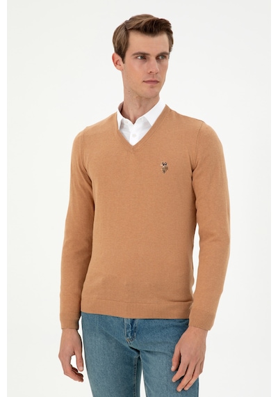 U.S. Polo Assn. Erkek Slim Fit V Yaka Camel Melanj Basic Kazak 50288885-VR122