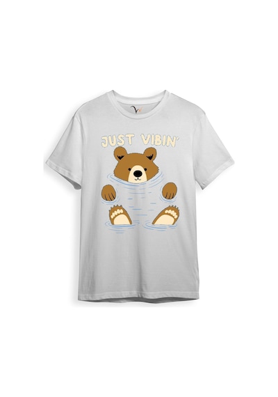 Just Vibin Sevimli Ayıcık Baskılı Regular Fit %100 Pamuk Beyaz T-shirt Beyaz