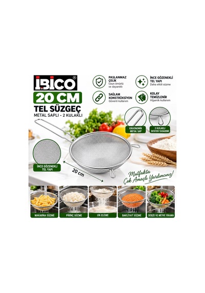 İbico İ22-301 Tel Süzgeç 20cm Sap: 15.5cm 2 Kulaklı Metal Saplı - 12'li Paket