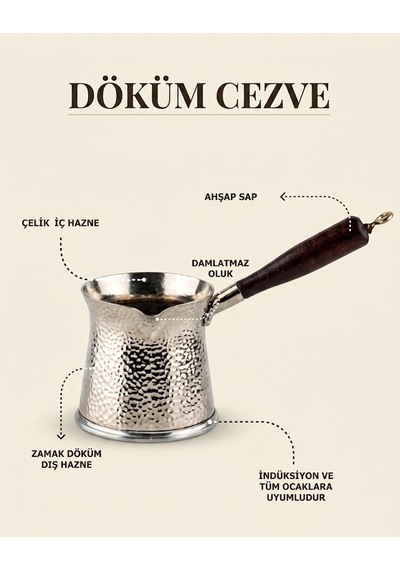 Telveli 5 Kişilik Ahşap Saplı Döküm Cezve - İndüksiyonlu Ocaklara Uyumlu 300 Ml - Metalik