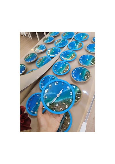 Deniz Temalı Epoksi Masa Saati 16 Cm El Yapımı Dekoratif Saat Mavi