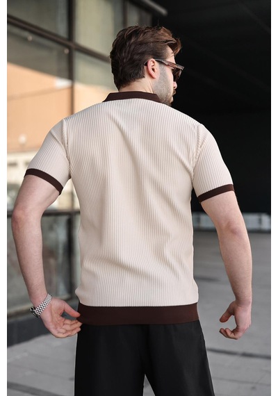 Madmext Taş Rengi Polo Yaka Triko Erkek Tişört E7464 Taş Rengi