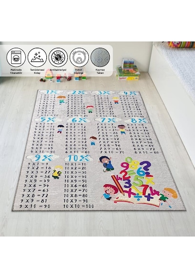 Çocuk-Bebek Halısı Çarpım Tablosu Temalı Halı Yıkanabilir Kaymaz Taban Gri