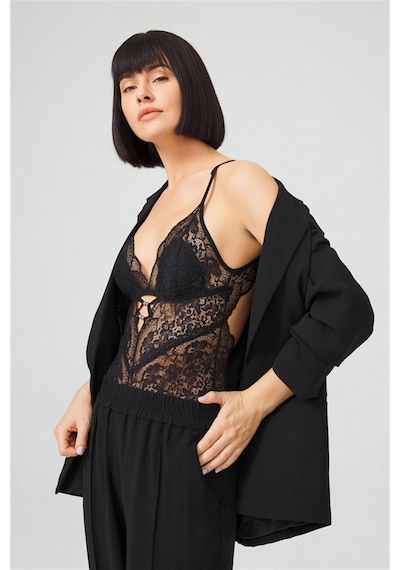 Cottonhill Siyah Çıtçıtlı Sırt Dekolteli Transparan Kaplı Dantelli Bodysuit Siyah