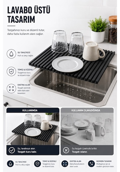 Sas Haus Plastik Pratik Lavabo Tezgah Üstü Bulaşık Kurutmalığı Siyah 35 X 45 S-10145