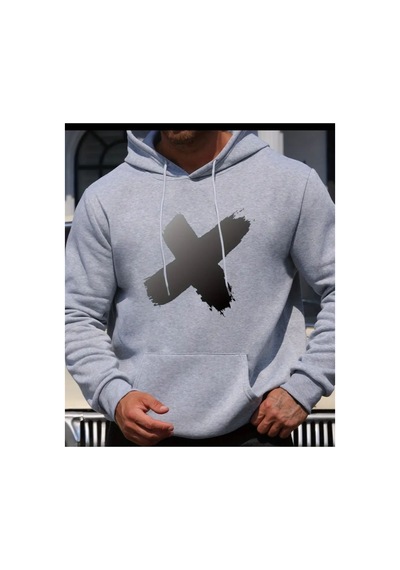 Herkesemoda X Baskı Detaylı Kapüşonlu Sweatshırt Gri