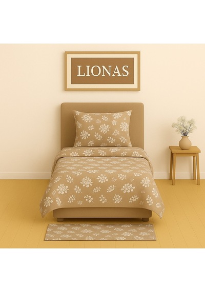 Lionas Tek Kişilik Desenli Nevresim + 1 Adet Kapaklı Yastık Kılıfı Bej