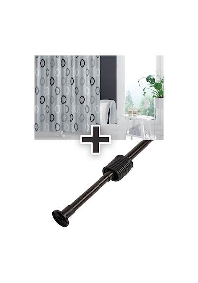 Polyester Kumaş Geometrik Desen Gri Banyo Perdesi Siyah Askı Aparatı Hediyeli C-halkalı Duş Perdesi Diğer