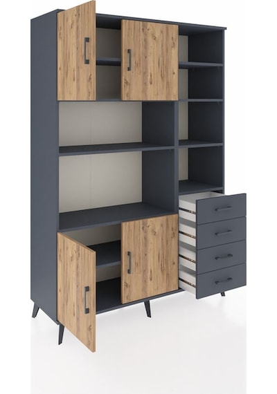 Hyperion Dolap 9 Raflı 4 Çekmeceli 4 Kapaklı 132x44x195 Antrasit-çam/antrasit Atlas Çam/antrasıt