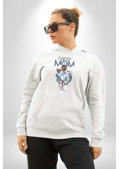 Süper Anne Anneler Günü Doğum Hediyesi Kadın Erkek Beyaz Kapüşonlu Sweatshirt Hoodie Beyaz
