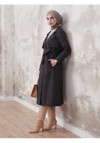 B.he.z Kruvaze Yaka Bondik Su İtici Kumaş Astarlı Trend Model Diz Altı Trençkot Siyah