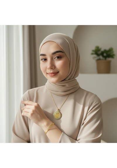 Damla Model Kolye Ve Ayetel Kürsi Bileklik Seti Gold Renk Çelik Takı Altın