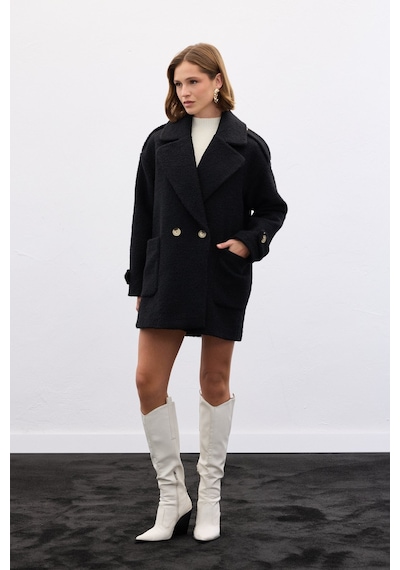 Sateen Buklet Kısa Kaban - Siyah-136592 Siyah