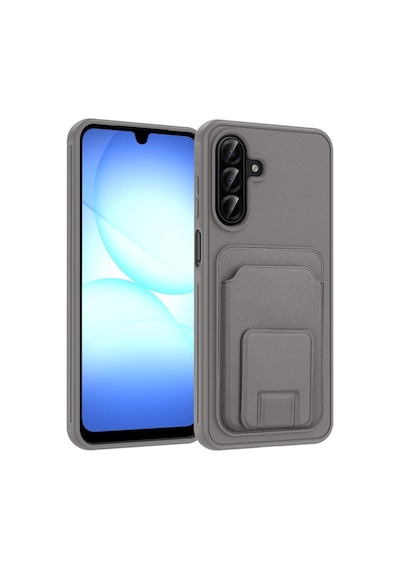 Samsung Galaxy A56 Uyumlu Kartlıklı Kılıf Gizli Kart Bölmeli, Stand Özellikli, Kamera Korumalı, Darbeye Dayanıklı, Deri Dokulu Telefon Kılıfı Gri