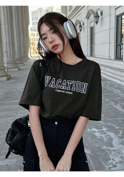 Unisex Siyah Oversize Vacation Baskılı Örme T-shirt Siyah