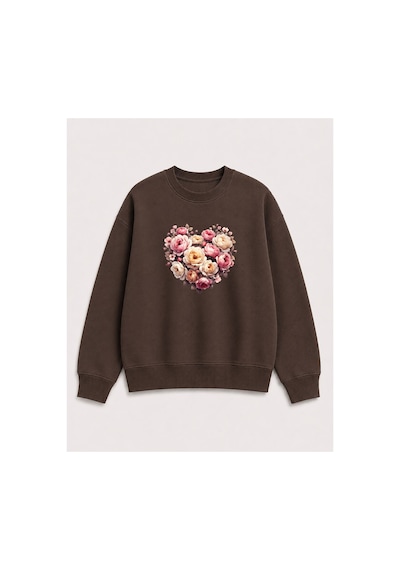 Herkesemoda Kalp Ve Güller Baskı Detaylı Bisiklet Yaka Şardonlu 2 İplik Sweatshirt Kahverengi