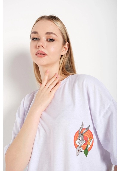 Startmore Bugs Bunny Baskılı Beyaz Oversize Tshırt Beyaz
