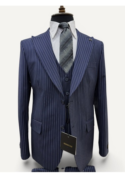 Hermose Sartorial Gece Mavisi Çizgili Yelekli Takım Elbise Mavi