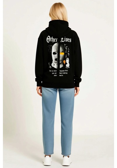 Ersefa Kadın Üç İplik Kapüşonlu Sweatshirt Hoodie Göğsü Gotik Yazı Baskı siyah