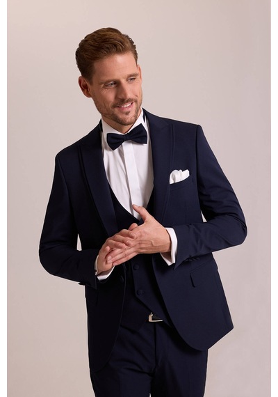 Ysf Erkek Lacivert Slim Fit Likralı Sivri Yaka Yelekli Damatlık