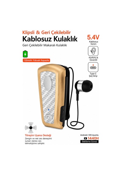 Exenar - Gold - Titreşimli Kablosuz Makaralı Kulaklık Titreşimli Bluetooth Kulaklık 15 Saat