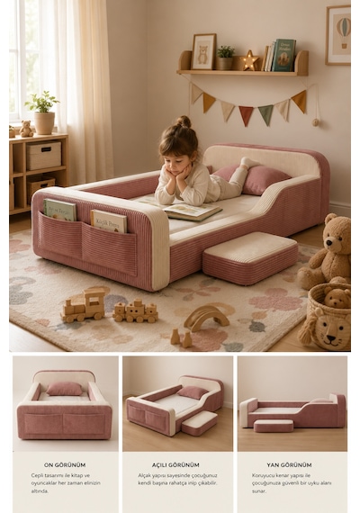 Dizanor Maxi Nest Pembe Fitilli Montessori Çocuk Karyolası Baza Başlık İç Yatak Seti 90 X 190 Cm
