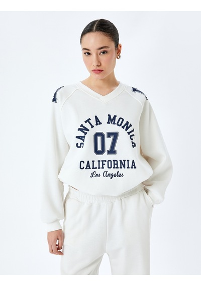 Koton Kolej Baskılı Uzun Kollu Oversize V Yaka Sweatshirt Ekru 5sal10417ık Ekru