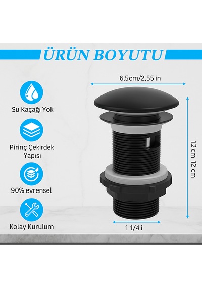 Mat Siyah Pop-up Lavabo Gider Seti Porselen Başlık + Körüklü Bo