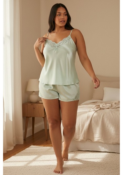 Laperissa Mint Dantelli Saten Dokuma Kadın Pijama Takımı Yeşil
