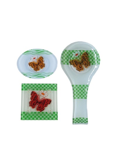 Cam Gider Kapağı + Cam Kepçe Altlığı Kaşıklık + Cam Sabunluk 3Lü Set