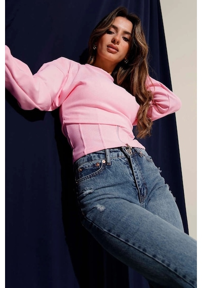 By Mop Fitilli Bisiklet Yaka İkili Bluz Pembe T4341 Pembe